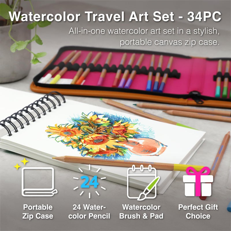 COLOUR BLOCK Watercolor Pencil Travel Art Set I 34pc Professional Drawing Kit, 50Sheets Drawing Pad, Paint Brushes I Vibrant Pigments for Coloring, Blending - Image 2